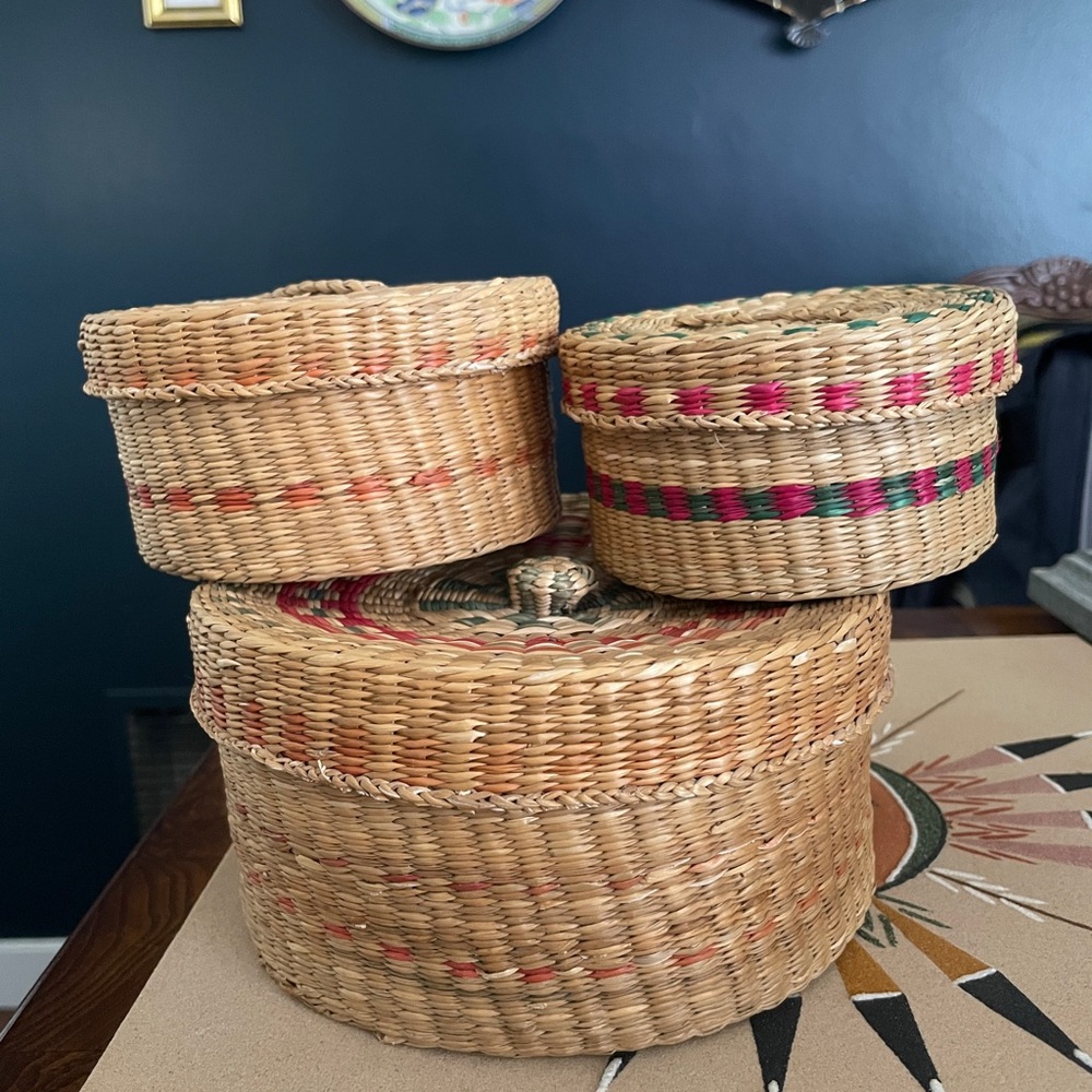 Vintage Handwoven Natural and Multicolor Sweet Grass Basket Set